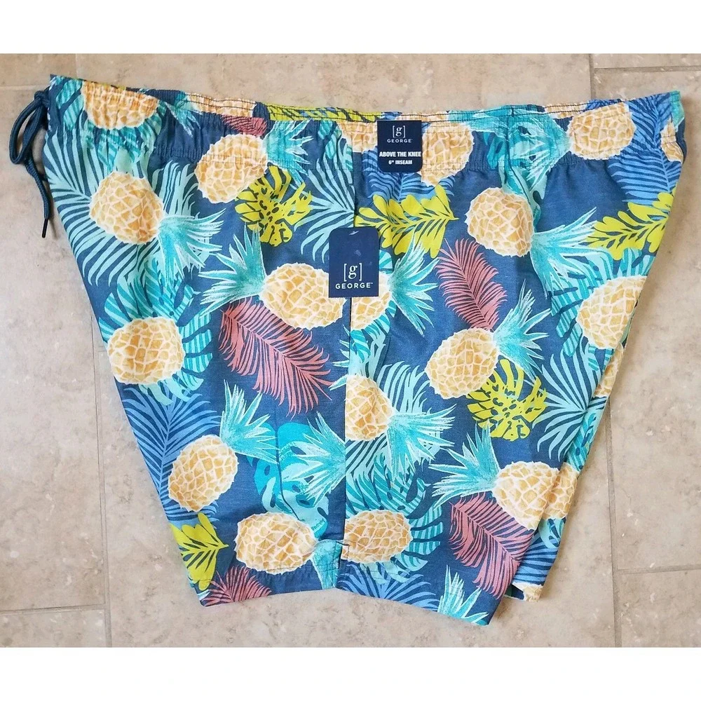 George Men Swim Shorts Trunks w/ Brief Pockets Pineapple Tropical 3X (48-50) NEW